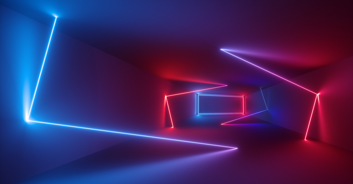 A hallway with multiple colored lasers.
